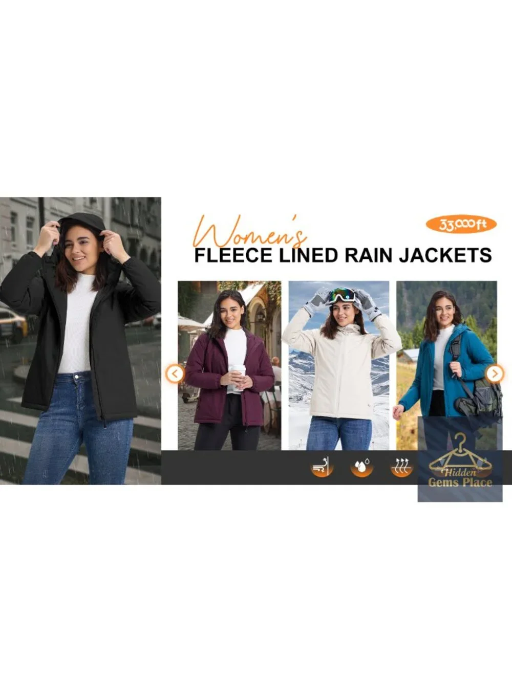 Waterproof Fleece Lined Women's Rain Jacket with Hood